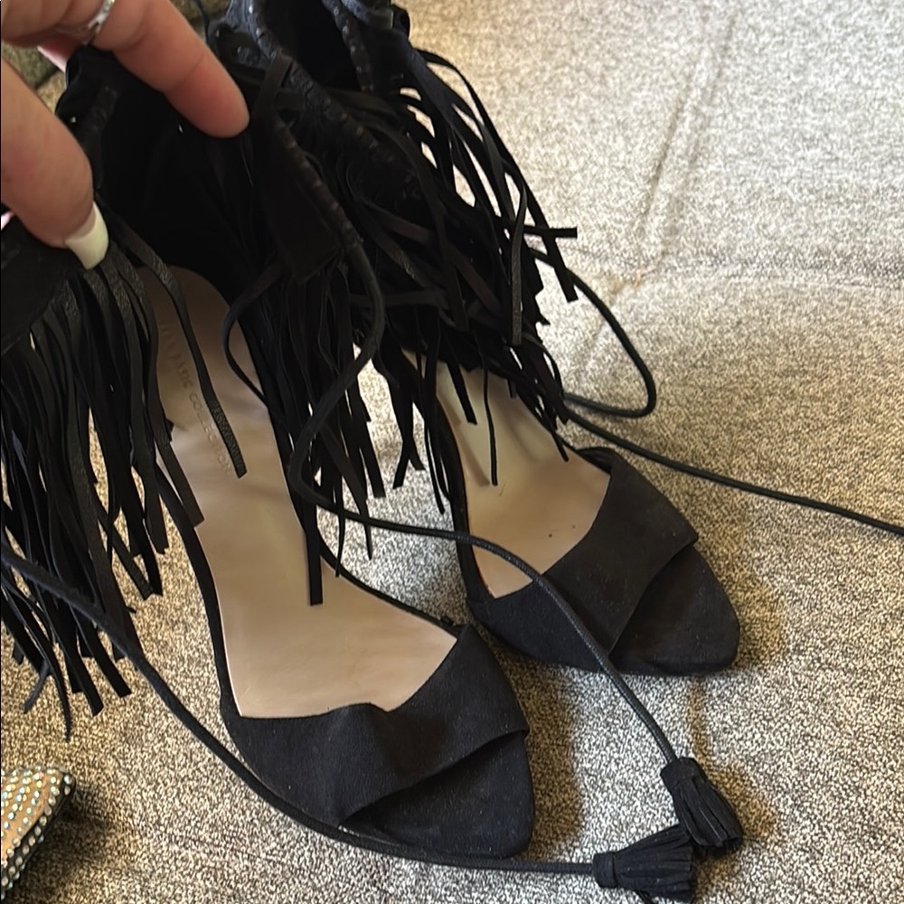 Zara Black Heels with Fringe Detail